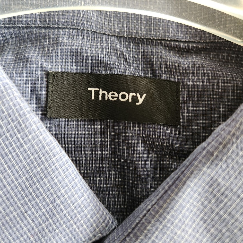 Theory Button Up Shirt Mens 17 Large Plaid Micro Check Print Lightweight Blue - Picture 4 of 11